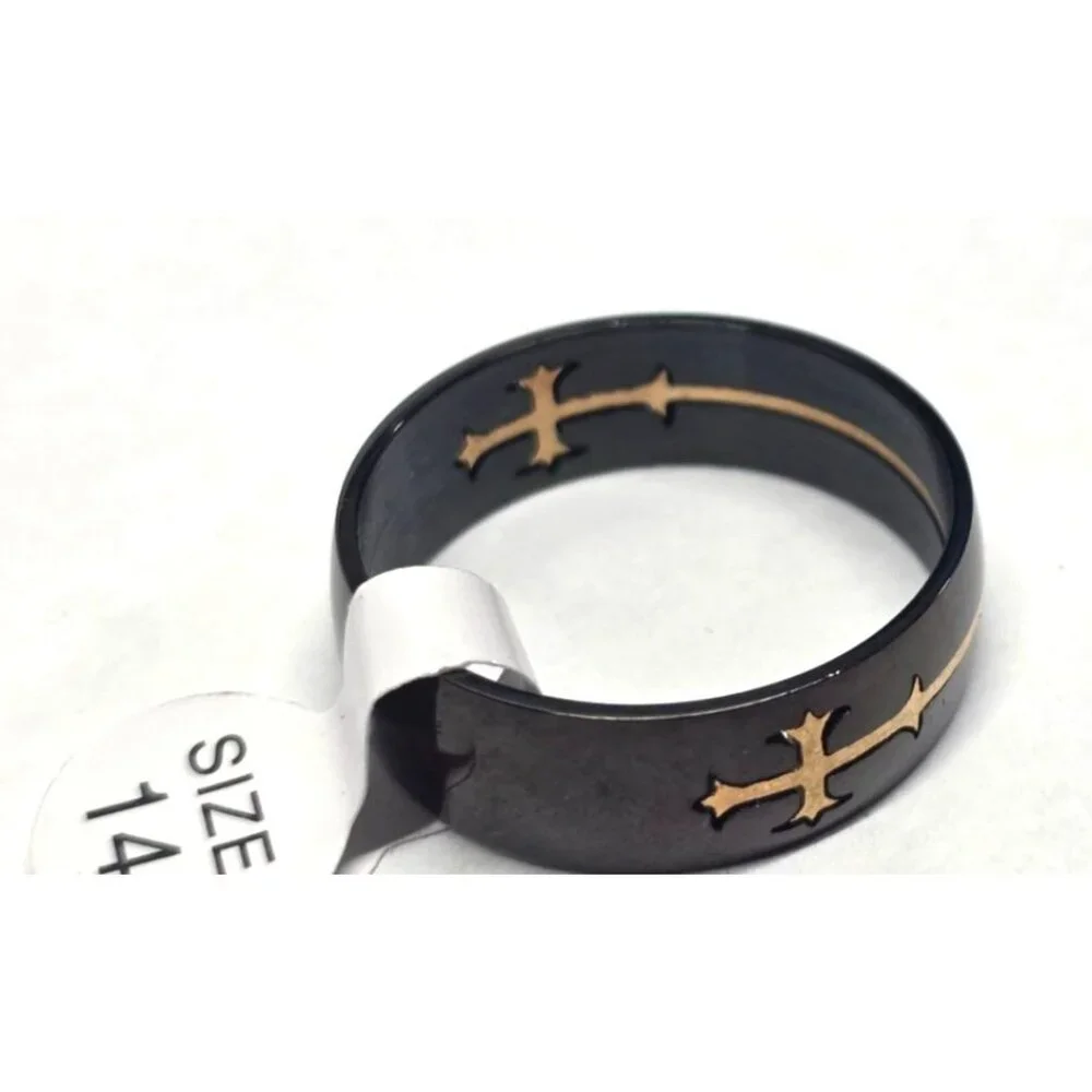 New Black Stainless Steel Ring Gold Tone Cross Inlay Size 14.5 Unisex Band Chris